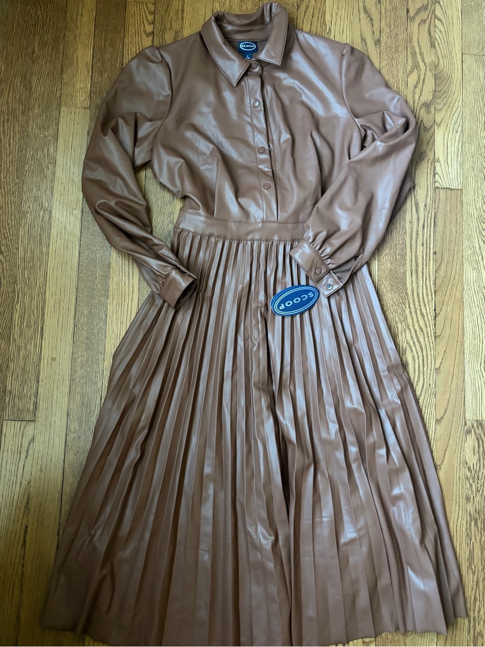 Pleated Faux Leather Dress in Cognac Brown